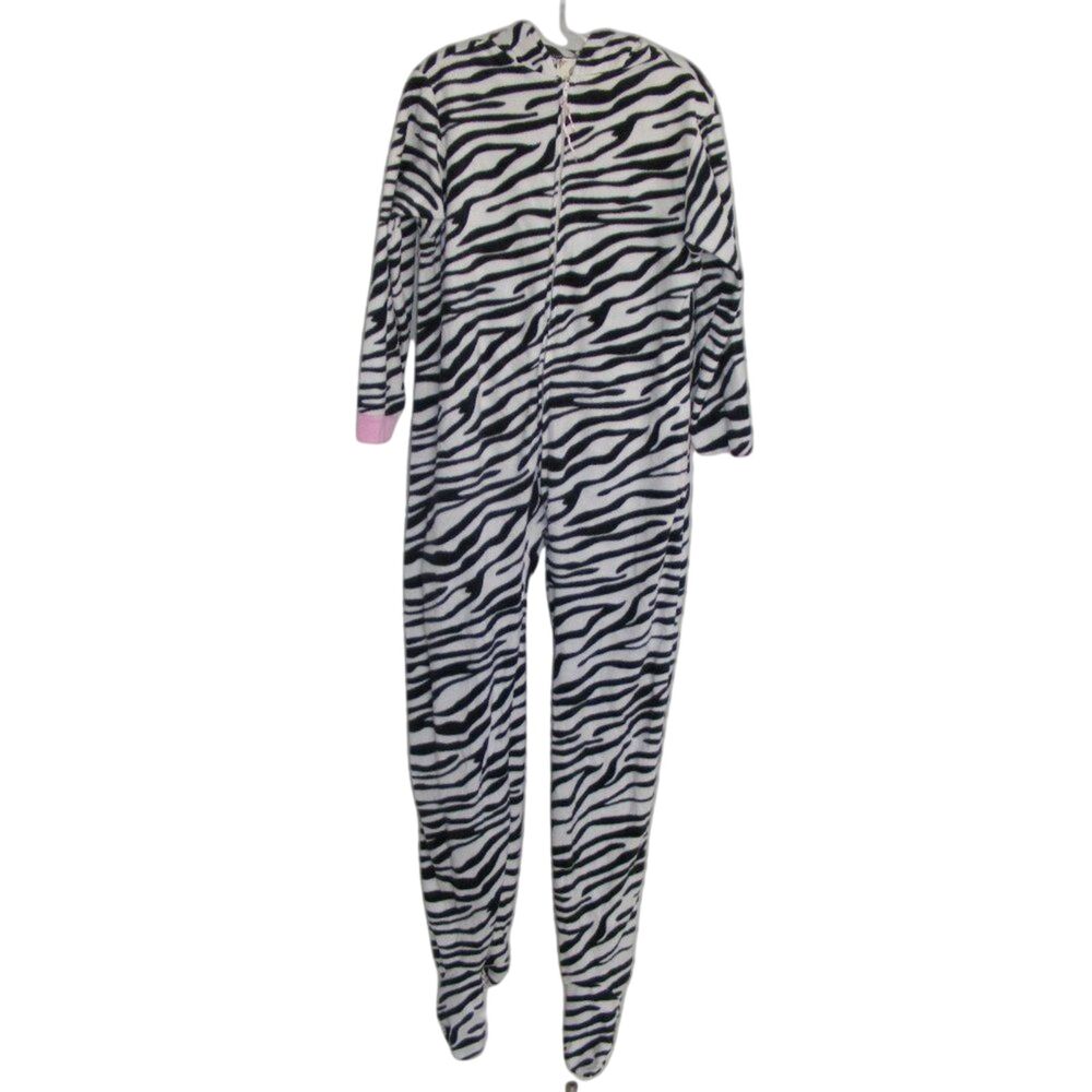 PJ COUTURE Zebra Union Suit, M, One Piece, Hoodie, Footies, Black/White, Zipper